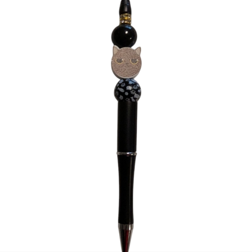 Hand Crafted Cat Pen Black Brown Paws Beads  Twist Ballpoint NEW H-023